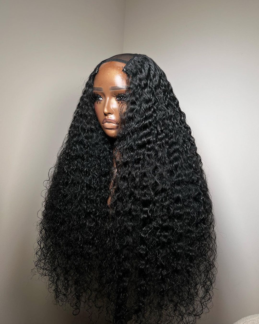 U - Part Curly Natural Black Wig