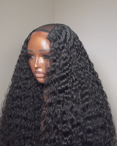 U - Part Curly Natural Black Wig